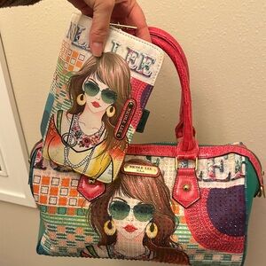 Nicole Lee Multicolor Artistic Satchel with matching wallet sparkles set of 2